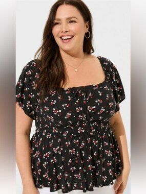 Romantic Torrid Black Floral Flutter Sleeve Blouse, Cottagecore Dark Whimsical